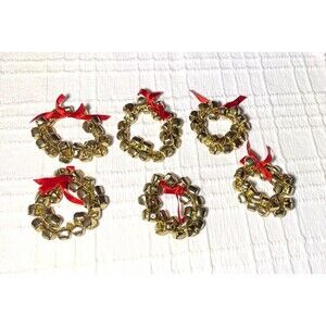 Pier 1 Gold Jingle Bell Napkin Rings Set Of 6 With Red Bows